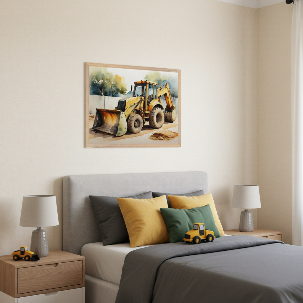 Modern kid's bedroom with a grey bed, yellow and green pillows, and wooden nightstands. A framed watercolor painting of a yellow backhoe on a dirt road hangs centered above the bed. Toy construction trucks are visible on the bed and left nightstand.