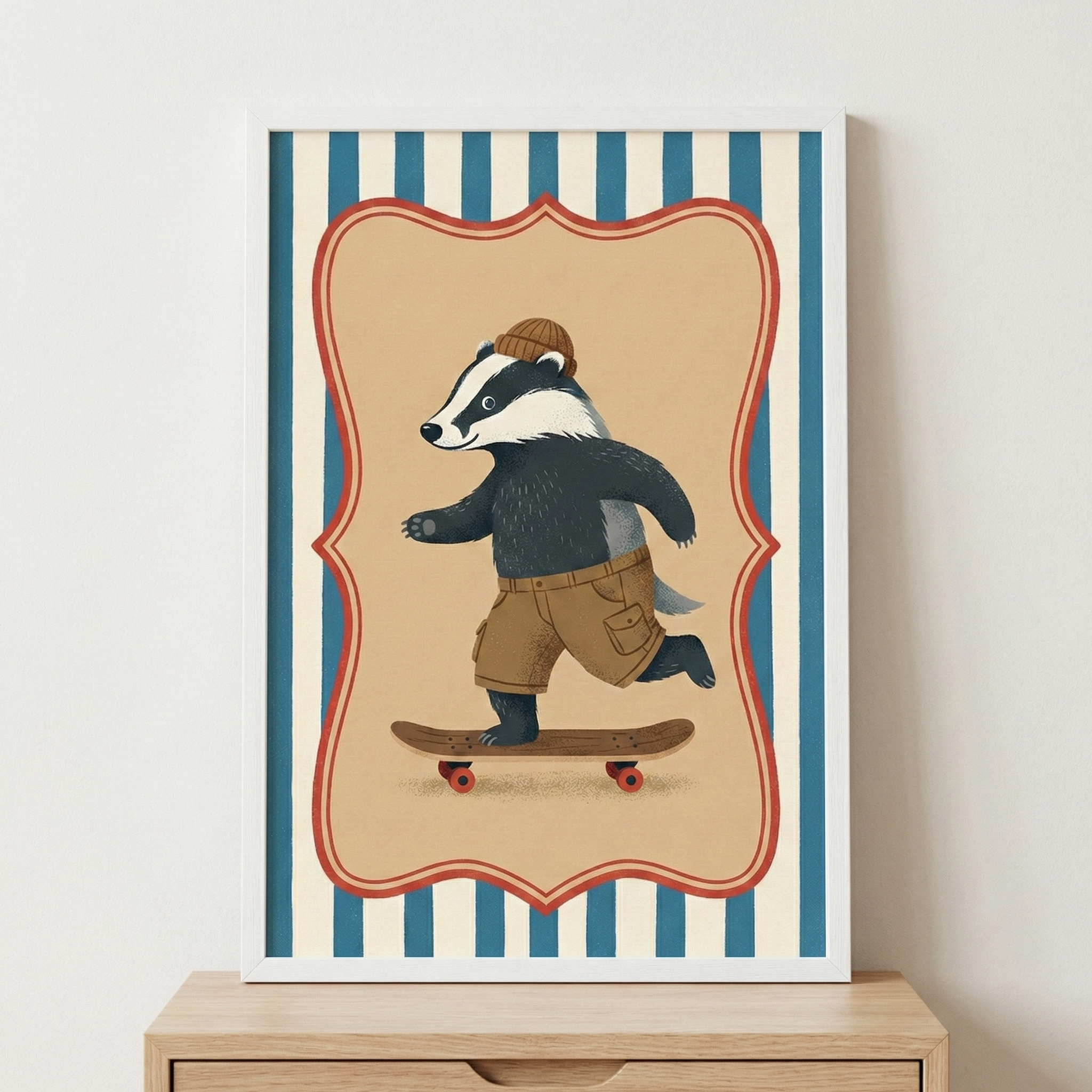A framed vertical illustration depicts an anthropomorphic badger wearing a brown beanie and tan cargo shorts while riding a wooden skateboard with red wheels. The character is centered within a decorative, scalloped tan border, set against a background of vertical blue and cream stripes. The piece is housed in a simple white frame and rests on a light-colored wooden tabletop against a plain white wall.