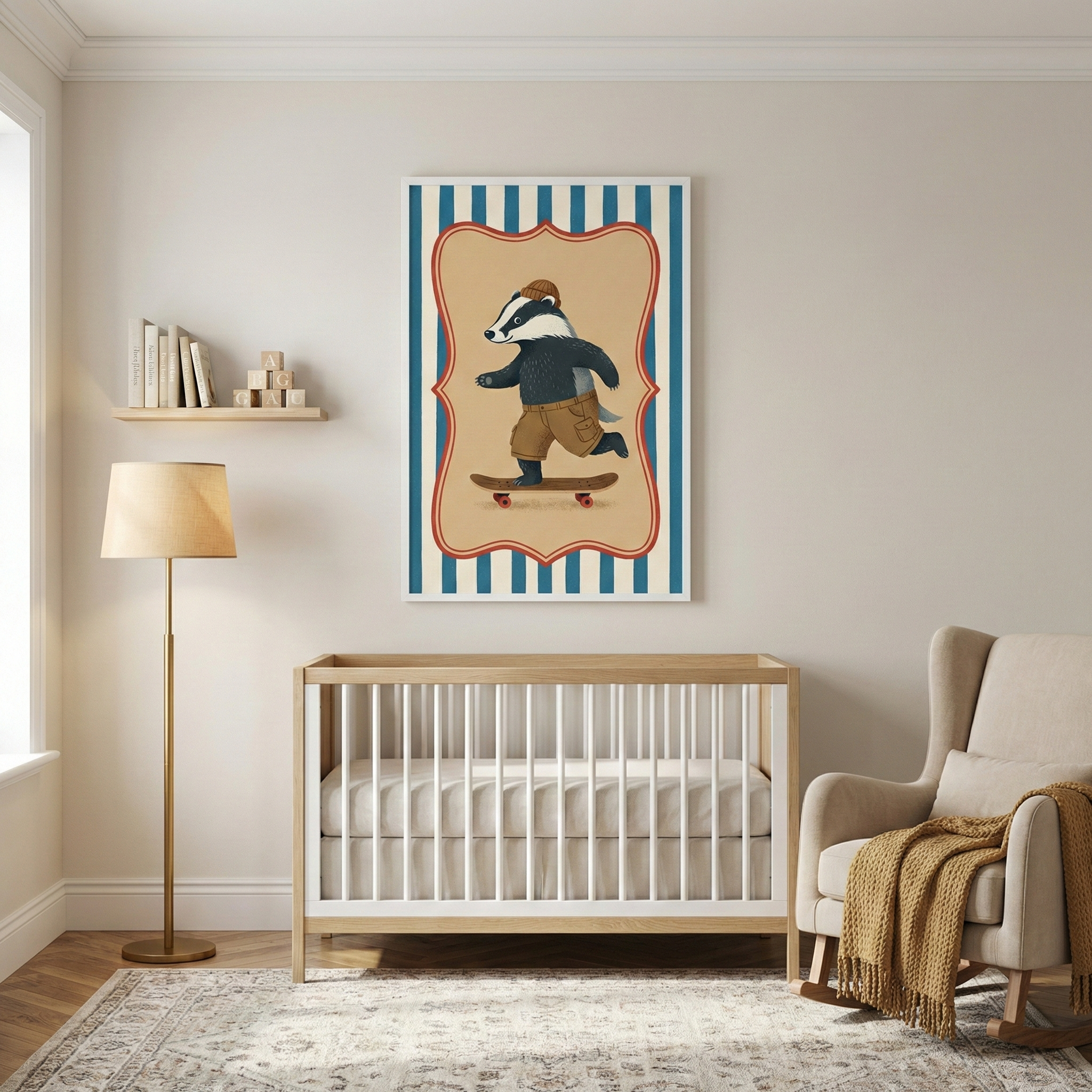 A nursery room features a wooden crib against a light beige wall. Above the crib hangs a framed poster of a cartoon badger wearing a brown beanie and shorts while riding a skateboard. The poster has a background of blue and white vertical stripes. To the left of the crib stands a gold floor lamp and a small wall shelf with books and wooden blocks. To the right, a beige upholstered armchair has a yellow knitted throw blanket draped over its side. The room is decorated with a large patterned rug over light wo