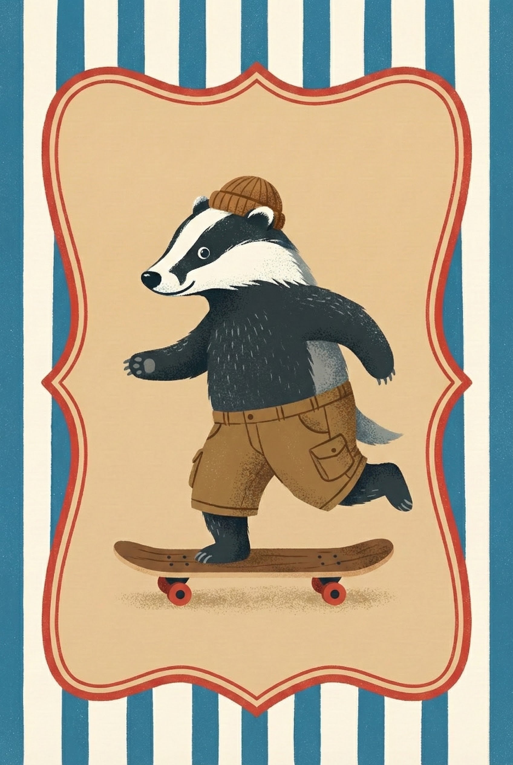 A black and white badger wearing brown cargo shorts and a beanie glides on a wooden skateboard with red wheels, framed in a vintage striped background.
