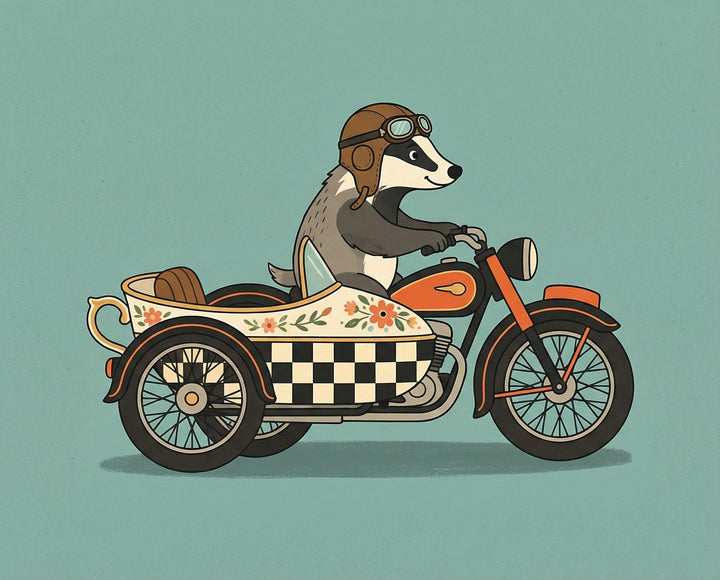 A cartoon badger wearing aviator goggles and a leather helmet rides an orange motorcycle with a floral-patterned and checkered sidecar, blending vintage style and animal charm in a kid-friendly design.
