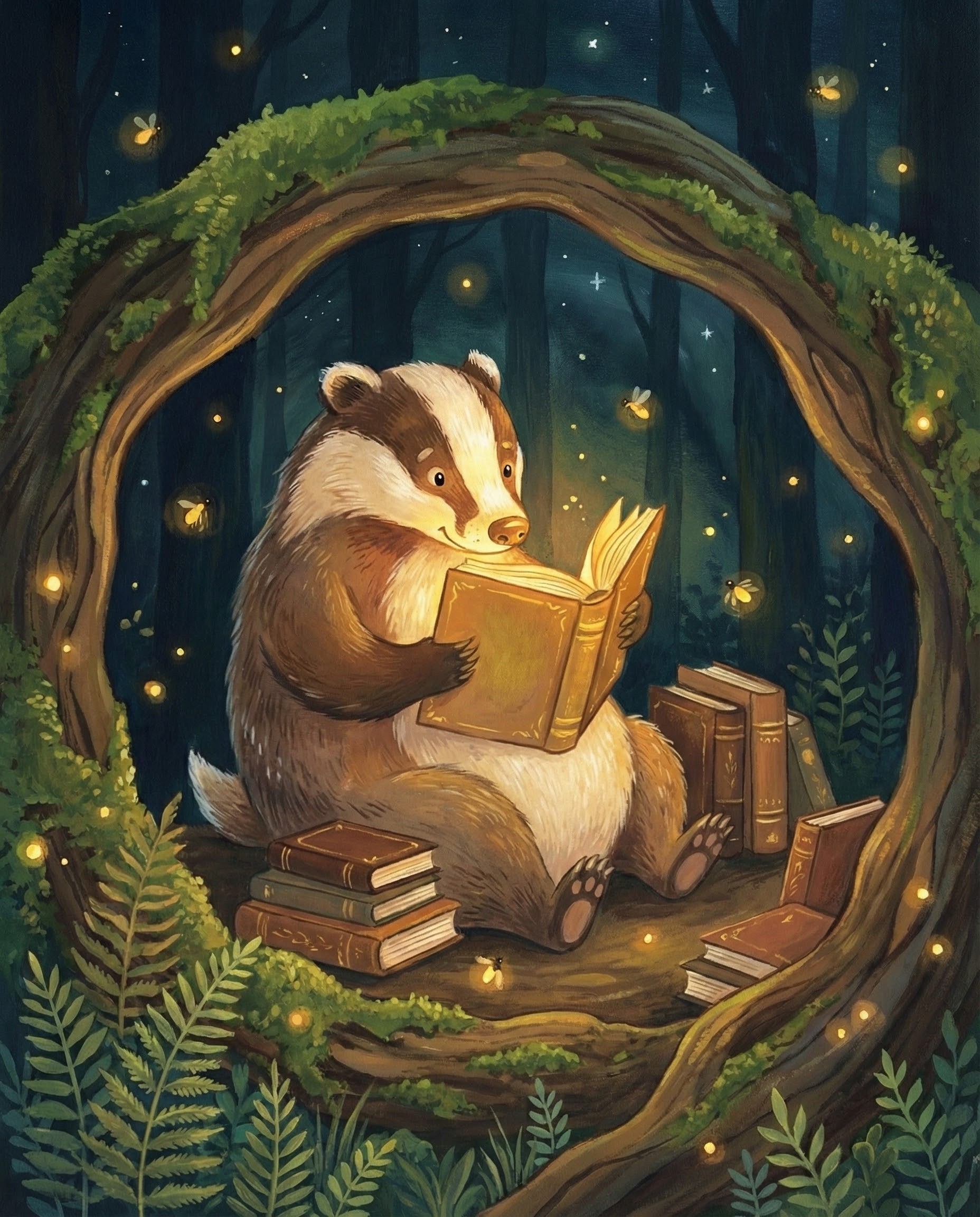 Firefly Reader - Badger Framed Wall Art for Nursery, Playroom or Kids Bedrooms