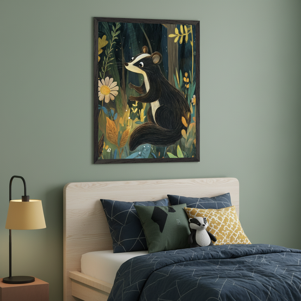 Modern kid's bedroom with a light wood bed, blue bedding, and a side table with a lamp. A framed illustration of a stylized badger in a dark forest with colorful plants hangs above the bed.