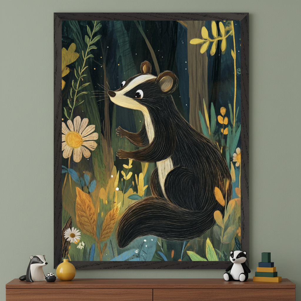 A framed illustration of a cute badger in a forest setting, surrounded by colorful autumn leaves and a large daisy flower. The badger has a distinctive black and white striped face, and its fur is textured with dark strokes. The background features a dark, leafy forest with glowing specks of light. The image is displayed on a green wall above a wooden shelf with small decorative items, including two badger figurines, a yellow vase with flowers, and a stack of colorful blocks.
