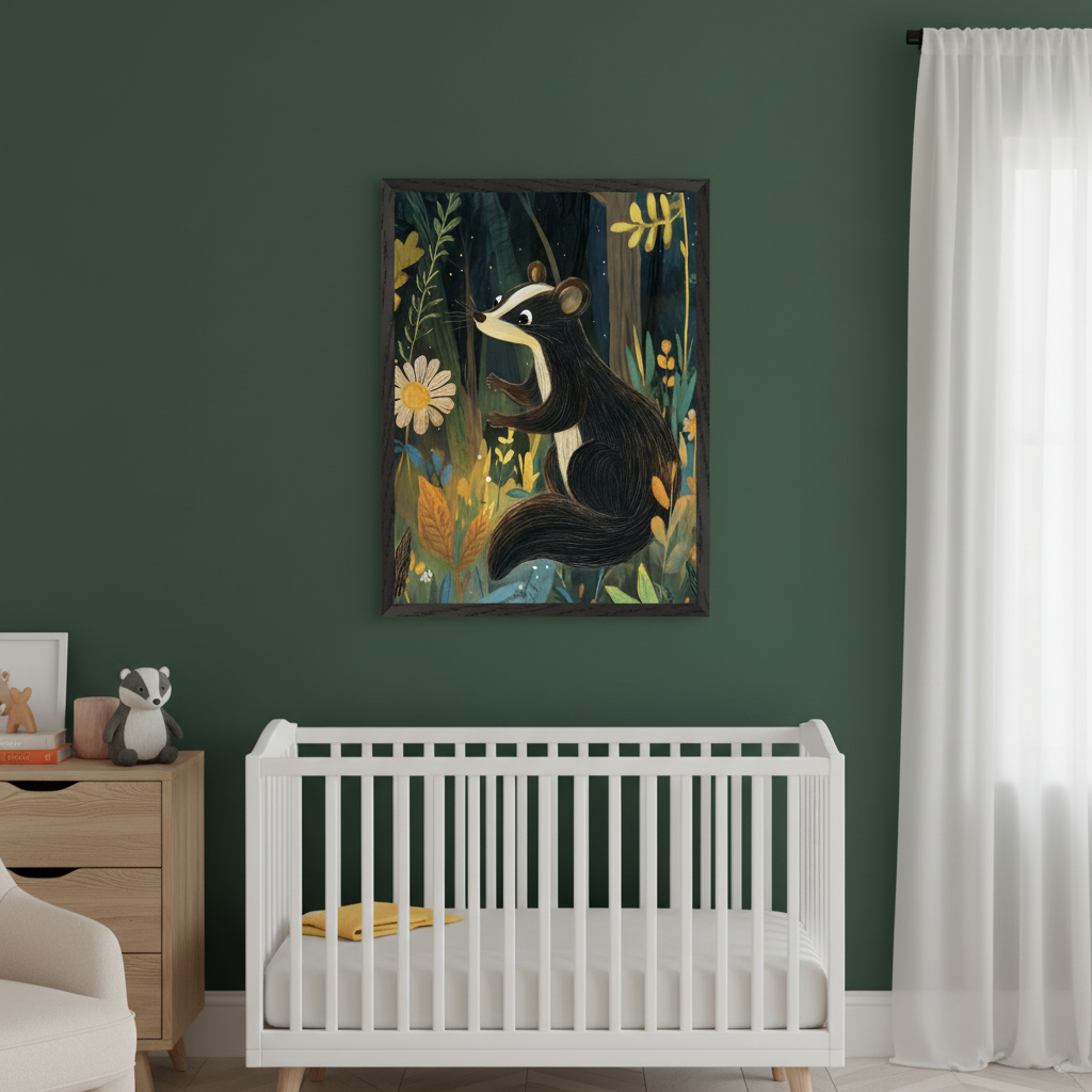 Modern nursery with a dark green wall and a white crib. A framed illustration of a badger in a dark forest with plants and flowers hangs centered above the crib. A light wood dresser with a badger plushie is to the left of the crib. White sheer curtains are on the right.