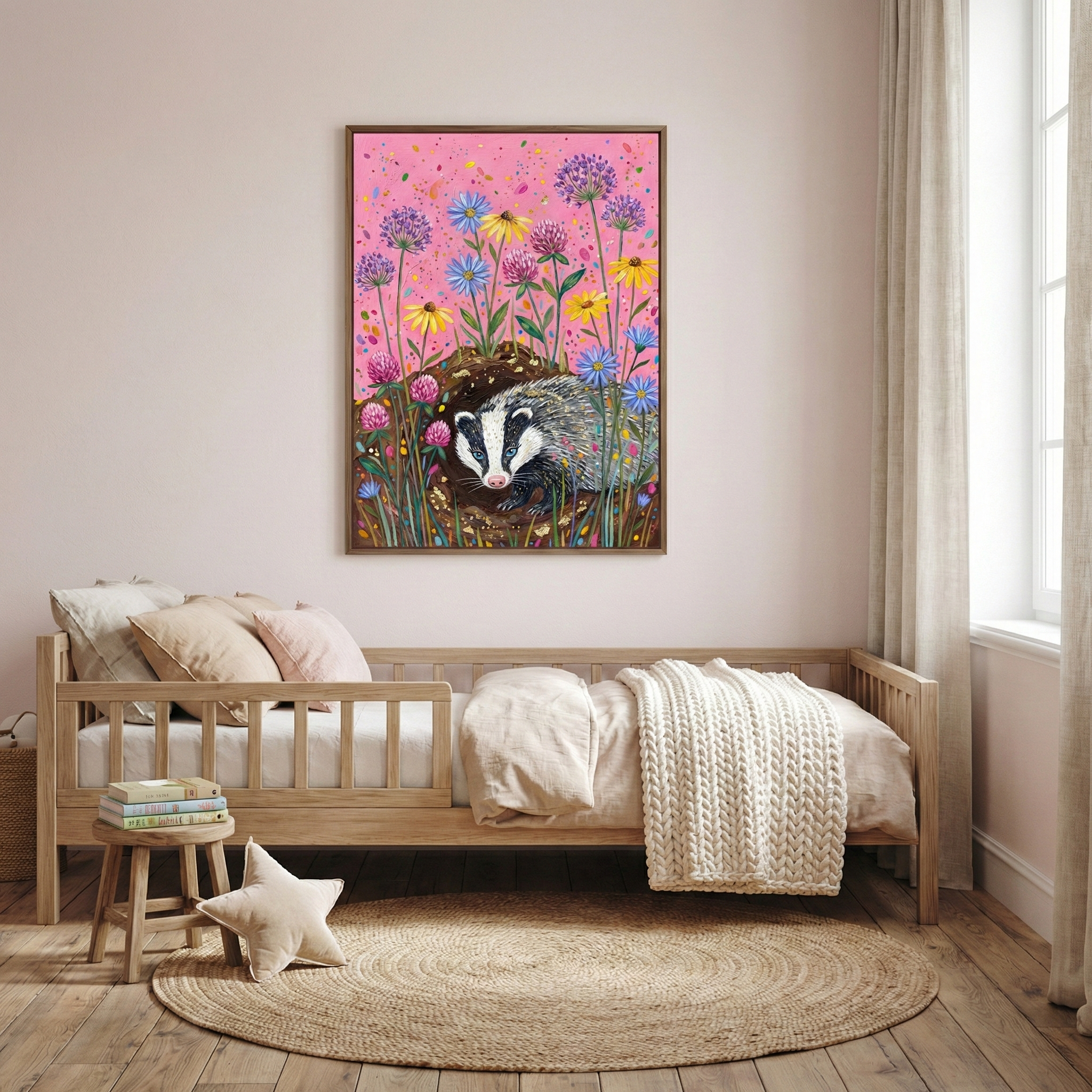 A cozy child's bedroom features a large, vertical framed artwork centered on a pale pink wall. The colorful illustration depicts a badger peeking out from its burrow, surrounded by a vibrant meadow of tall wildflowers including purple pom-pom shapes, blue and yellow daisies, and small pink blossoms against a speckled pink background. Below the artwork is a light wood daybed dressed in neutral linens with a white knit throw and soft pillows.