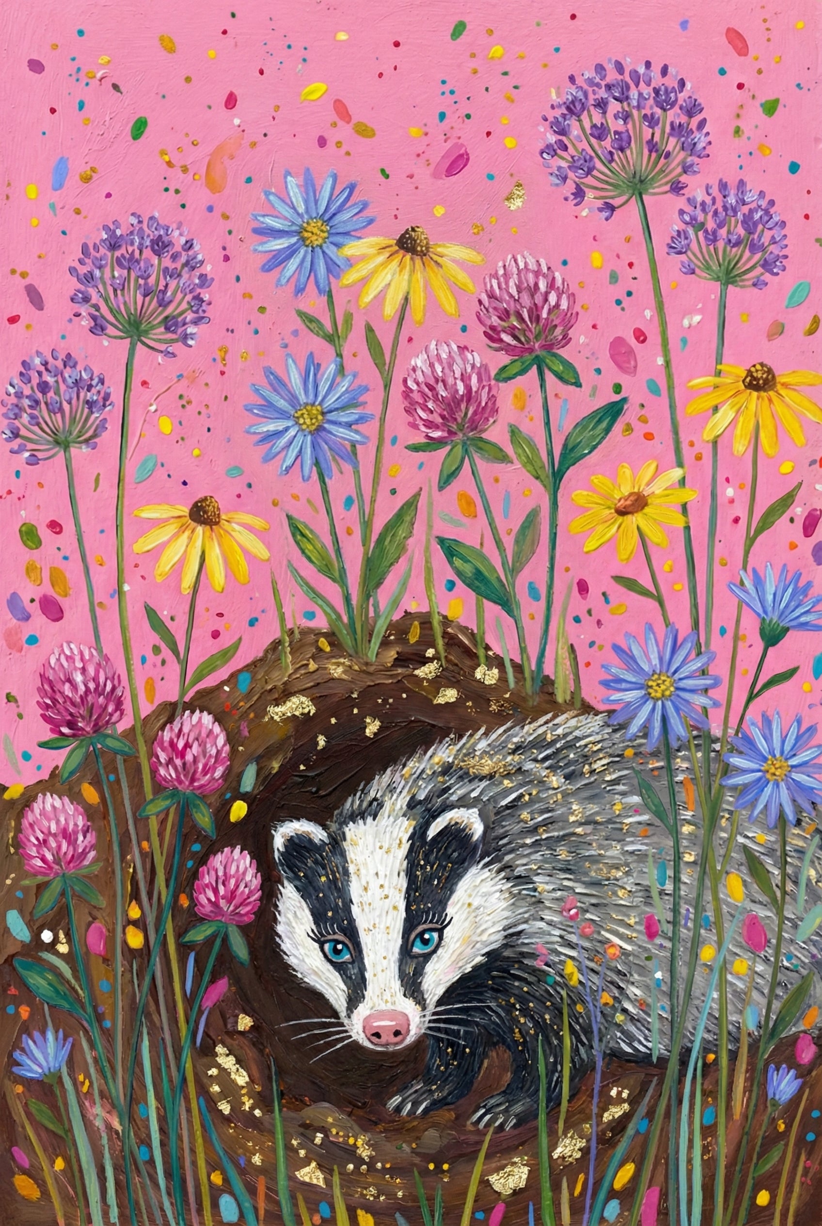 A black and white badger with bright blue eyes peeks out of a dirt tunnel surrounded by colorful wildflowers. The pink background is sprinkled with rainbow confetti-like dots.