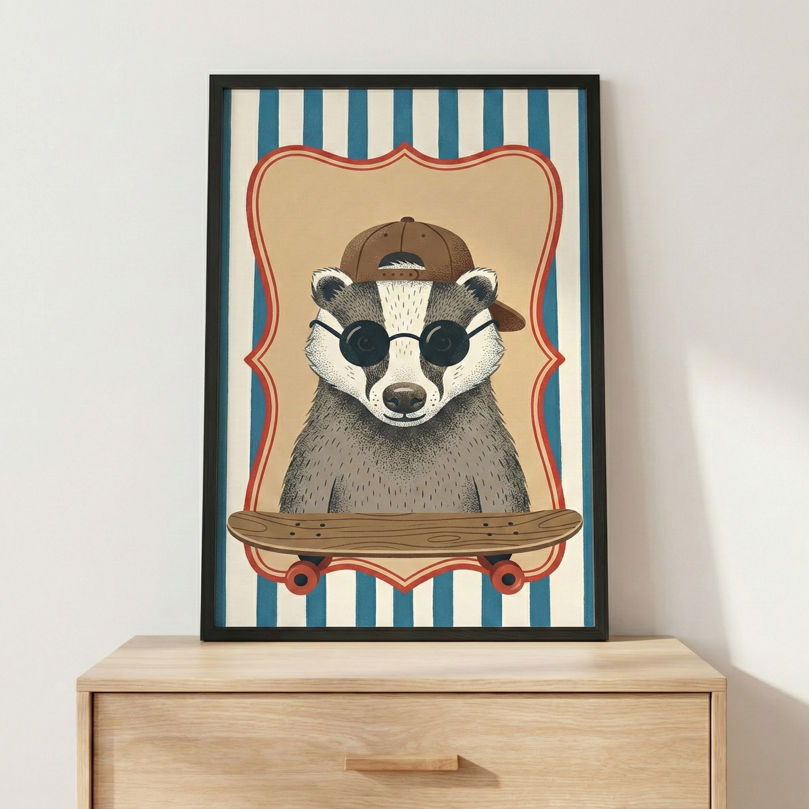 A vertical black frame containing a graphic illustration of a badger sits on a light wood dresser against a plain white wall. The artwork depicts a badger wearing round dark sunglasses and a brown baseball cap turned backward. The animal is positioned behind a wooden skateboard with red wheels. The character is centered within an ornate cream-colored border with a red edge, set against a background of wide vertical blue and off-white stripes.