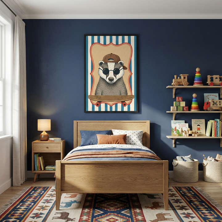 A cozy child’s bedroom features dark blue walls and light wood furniture. A large framed illustration of a badger wearing sunglasses and a cap while riding a skateboard is centered on the wall. Below the artwork is a wooden bed frame with blue and white patterned bedding. To the left, a small wooden nightstand holds a lamp and several books. On the right, wooden wall-mounted shelves are decorated with toys, including a wooden train, a colorful stacking toy, alphabet blocks, and various picture books. Two wo