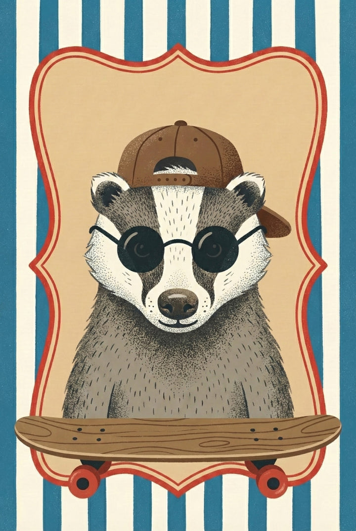  A close-up of a badger wearing round sunglasses and a brown baseball cap backward, holding a wooden skateboard across the front of a striped frame.

