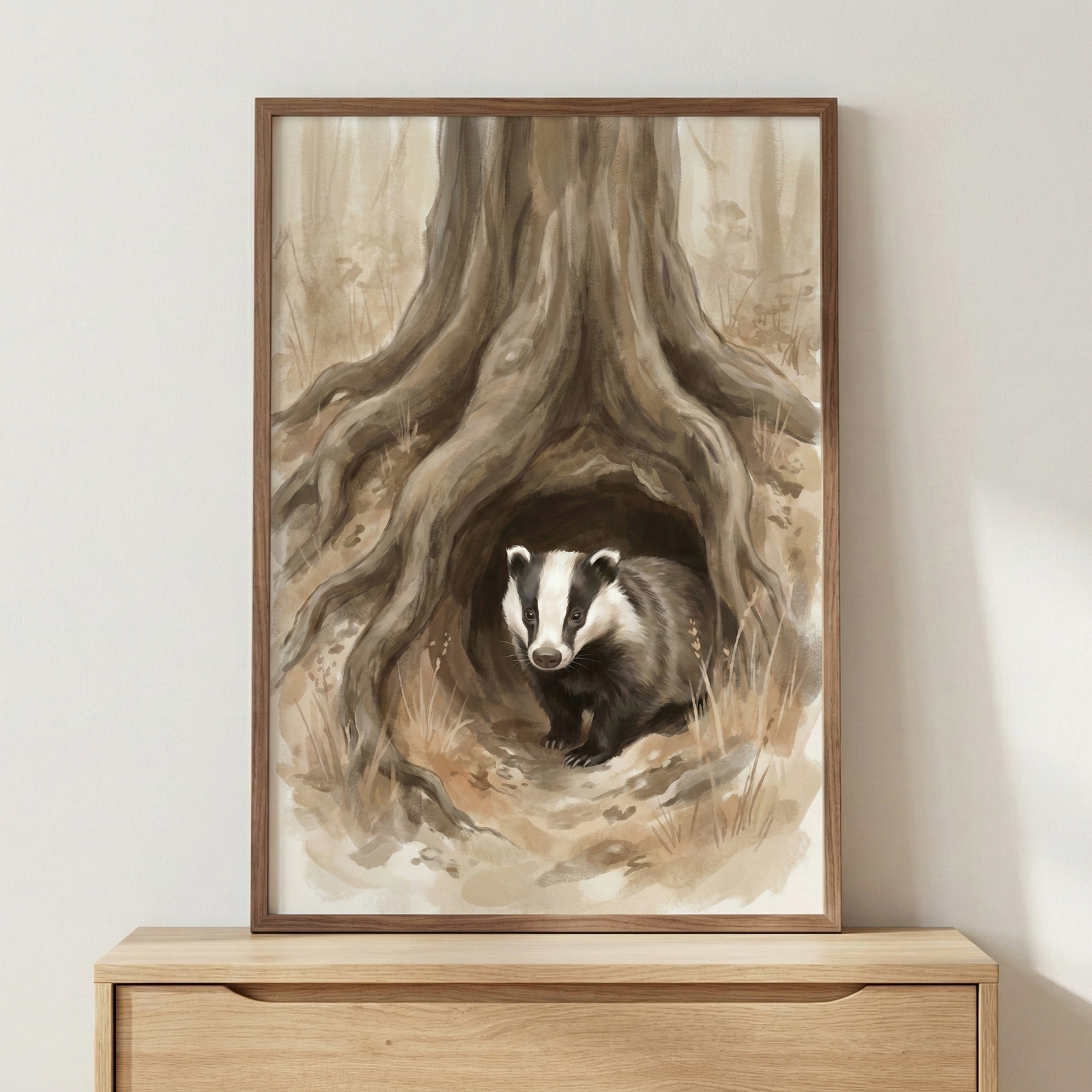 A vertical artwork features a watercolor illustration of a badger emerging from its burrow under a large tree. The badger, with its signature black and white striped face and thick grey-brown fur, is the central focus as it looks out from a dark opening amidst thick, sprawling tree roots. The gnarled roots are rendered in layered shades of brown and tan, creating a textured, protective entrance. 

