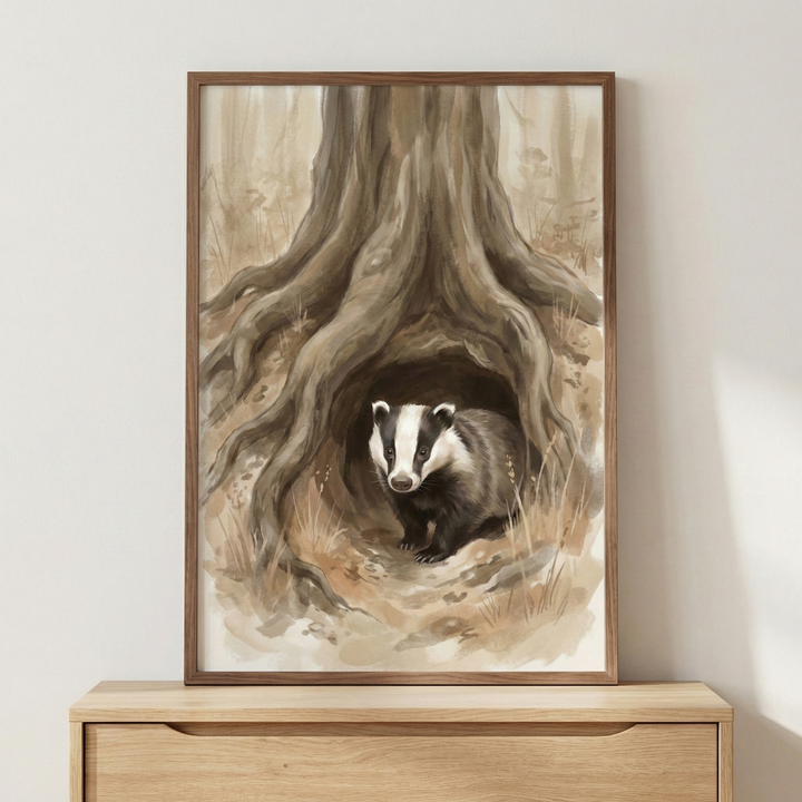 A vertical artwork features a watercolor illustration of a badger emerging from its burrow under a large tree. The badger, with its signature black and white striped face and thick grey-brown fur, is the central focus as it looks out from a dark opening amidst thick, sprawling tree roots. The gnarled roots are rendered in layered shades of brown and tan, creating a textured, protective entrance. 

