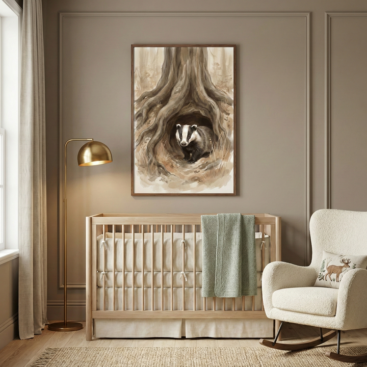 A cozy nursery decorated in soft earth tones features a large framed piece of art as its centerpiece. The artwork depicts a badger looking out from its burrow at the base of a large tree with thick, winding roots. Below the art is a light-toned wooden crib with beige bedding and a sage green blanket draped over the side. To the left, a tall, arched brass floor lamp stands near a window with off-white curtains. To the right, a white textured rocking chair holds a small pillow with a deer design. 