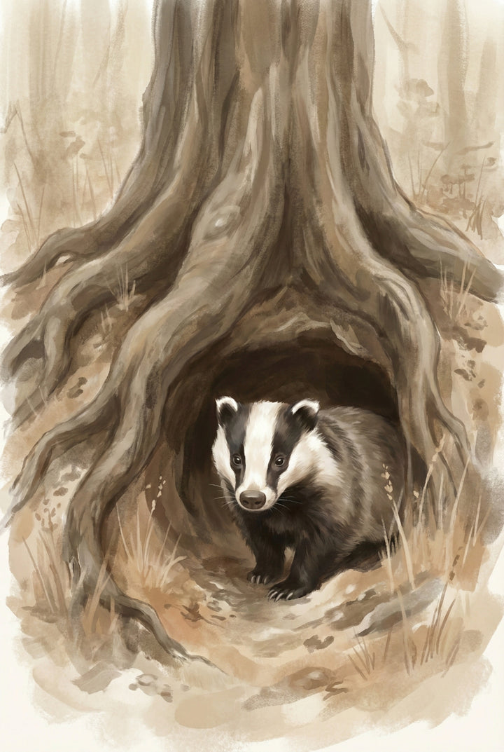 Watercolor illustration of a woodland badger sitting inside a hollow tree trunk, surrounded by soft beige forest tones and textured tree roots in a neutral vintage style.

