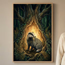 Atmospheric illustration of a badger sitting at the base of a glowing, hollow tree trunk. The forest setting is dense with ferns and ivy, and warm golden light spills from the heart of the tree.