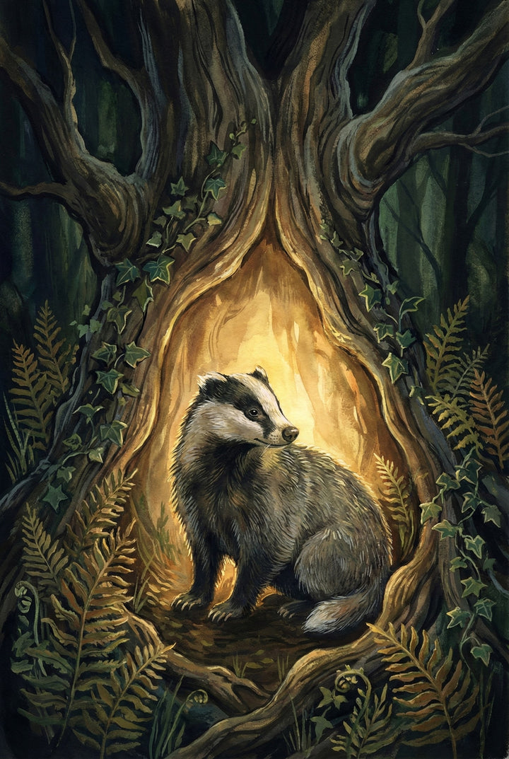A badger sits calmly inside the glowing hollow of an ancient tree, surrounded by ferns and ivy in a dark, enchanted forest. Warm light spills from the tree’s center, casting a magical glow on the badger’s fur and the surrounding foliage.