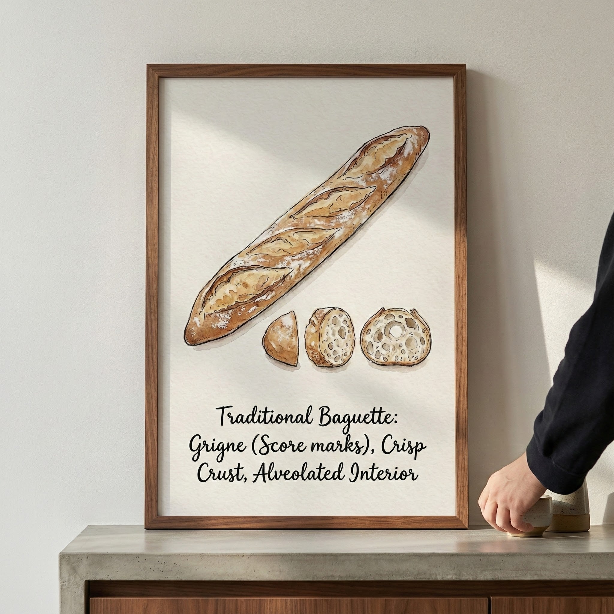Framed painting of a traditional French baguette with slices showing an airy, open crumb. Below the image, handwritten text describes the grigne score marks, crispy crust, and alveolated interior.