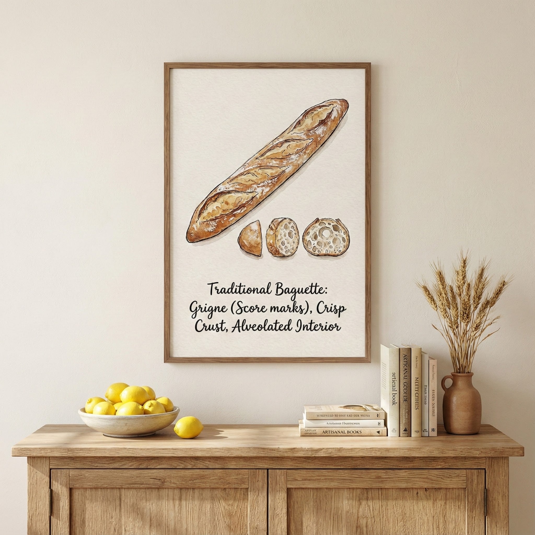 Rustic kitchen setting with a framed baguette illustration above a wooden cabinet. The artwork focuses on the classic look and structure of a well-baked baguette with clear, informative labeling.