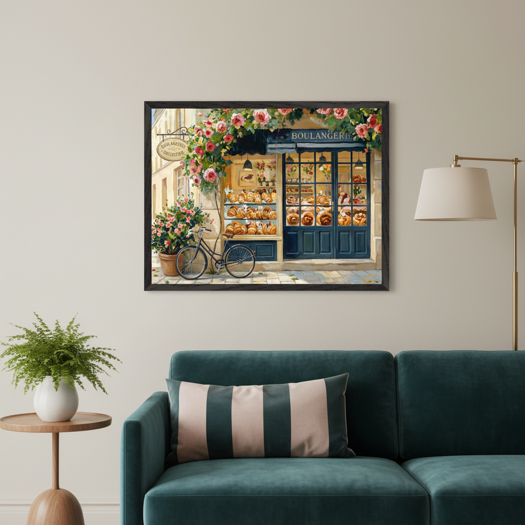 Living room with a teal velvet sofa and a round wood side table. A framed painting of a French boulangerie storefront adorned with pink roses, a bicycle, and pastries is centered above the sofa.