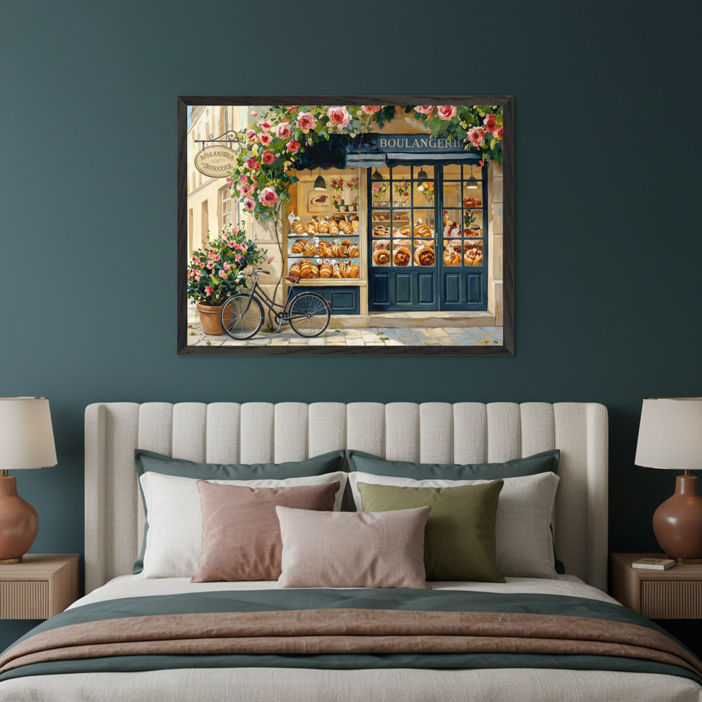 Modern bedroom with a cream upholstered bed, nightstands, and lamps. A large framed painting of a French boulangerie with a blue door, pastries in the window, a bicycle, and pink roses hangs centered above the bed.