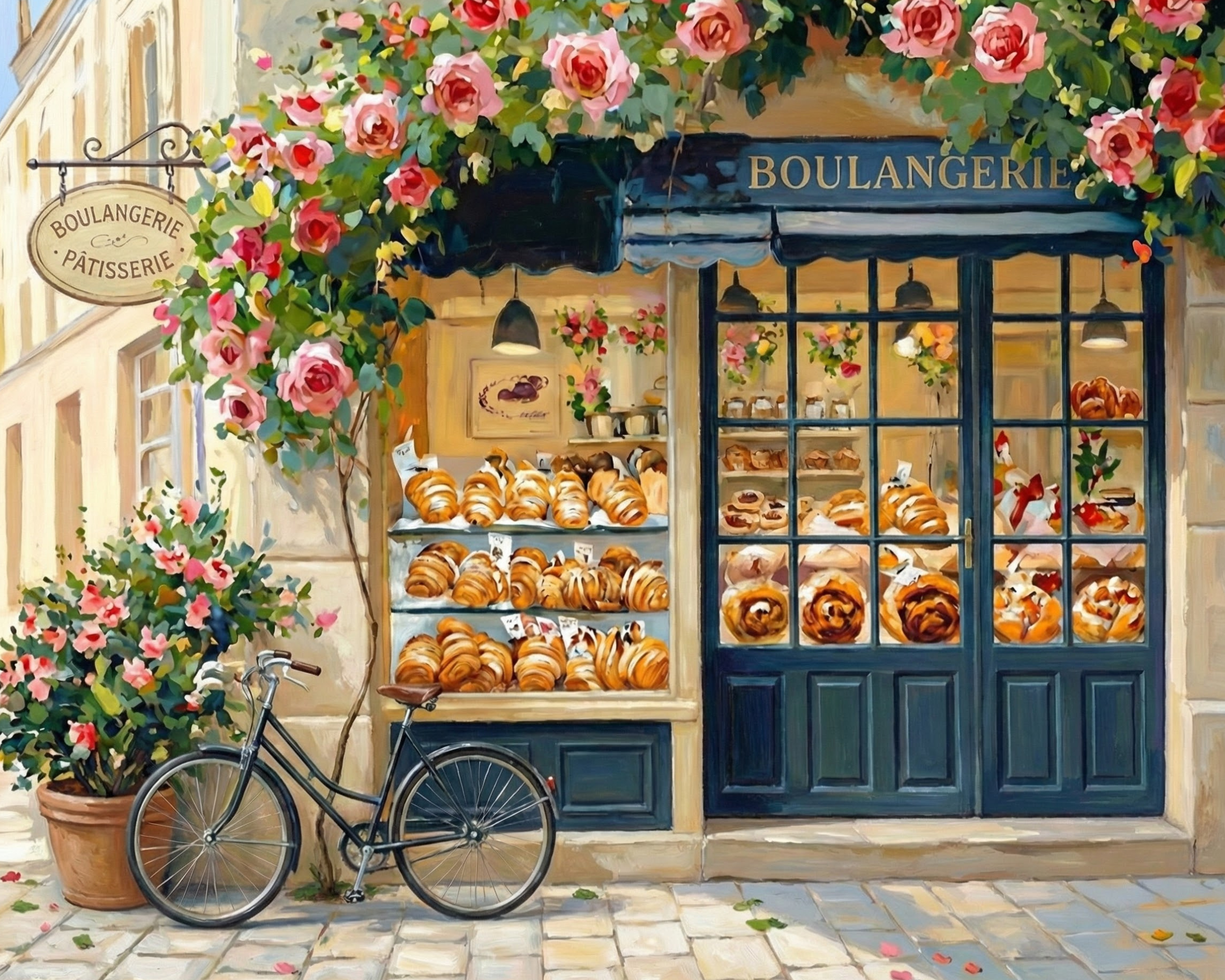 Whimsical painting of a French boulangerie with shelves full of croissants and pastries, floral garlands of pink roses above the window, and a black bicycle resting outside on cobblestone pavement
