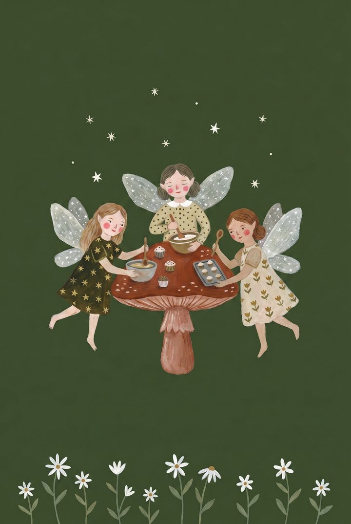 Three fairies bake treats on a mushroom cap in this baking mushroom garden fairies wall art.