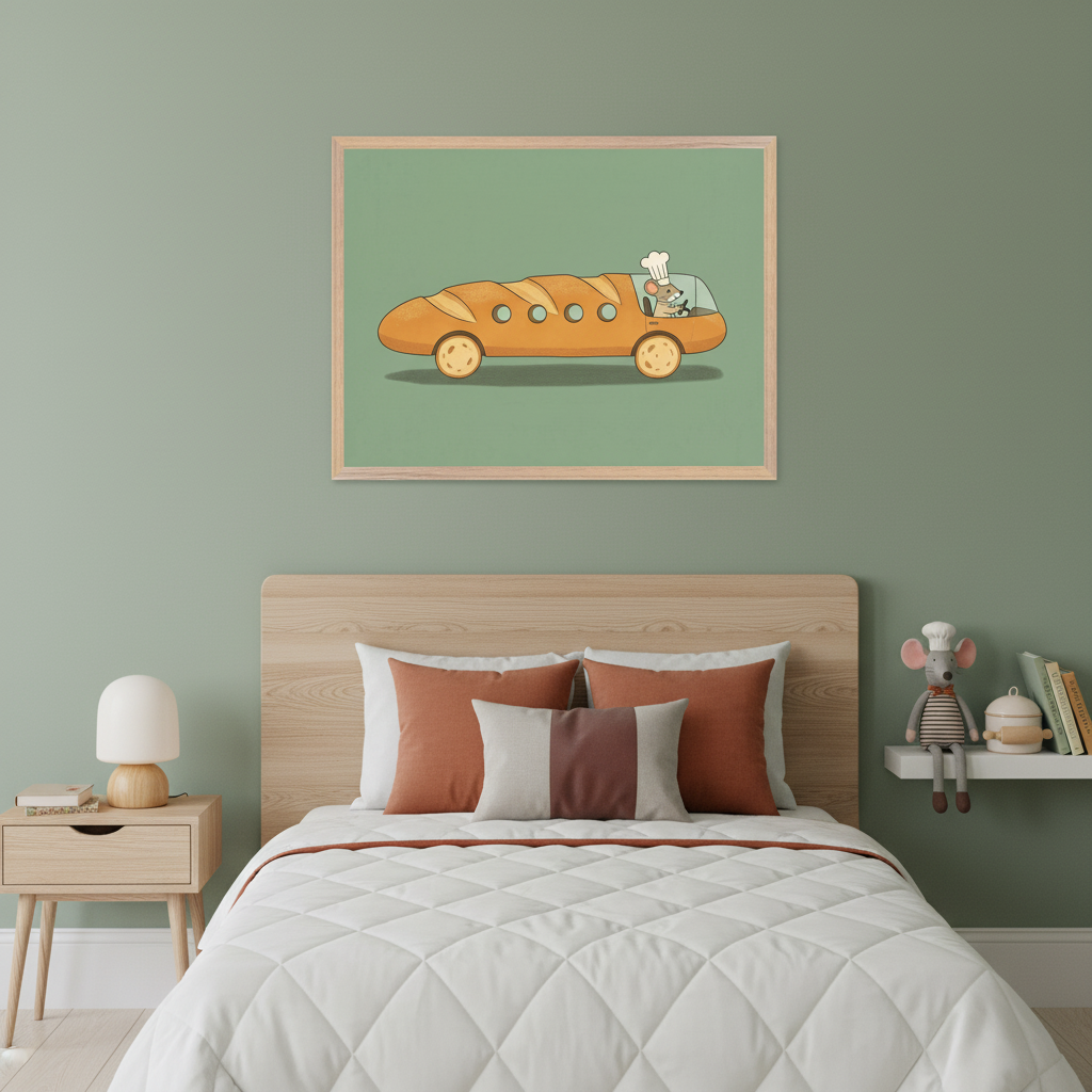 Modern kid's bedroom with a light wood bed, nightstand, and floating shelf. A large framed cartoon print of a chef mouse driving a baguette car is centered above the bed.