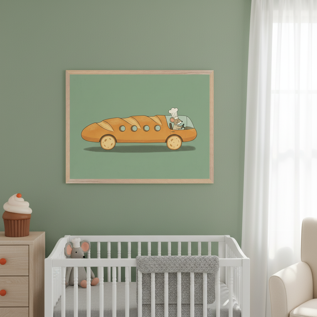Modern nursery with a white crib, a mouse plush toy inside, and a light wood dresser. A framed print of a cartoon mouse chef driving a baguette car on a sage green background hangs above.