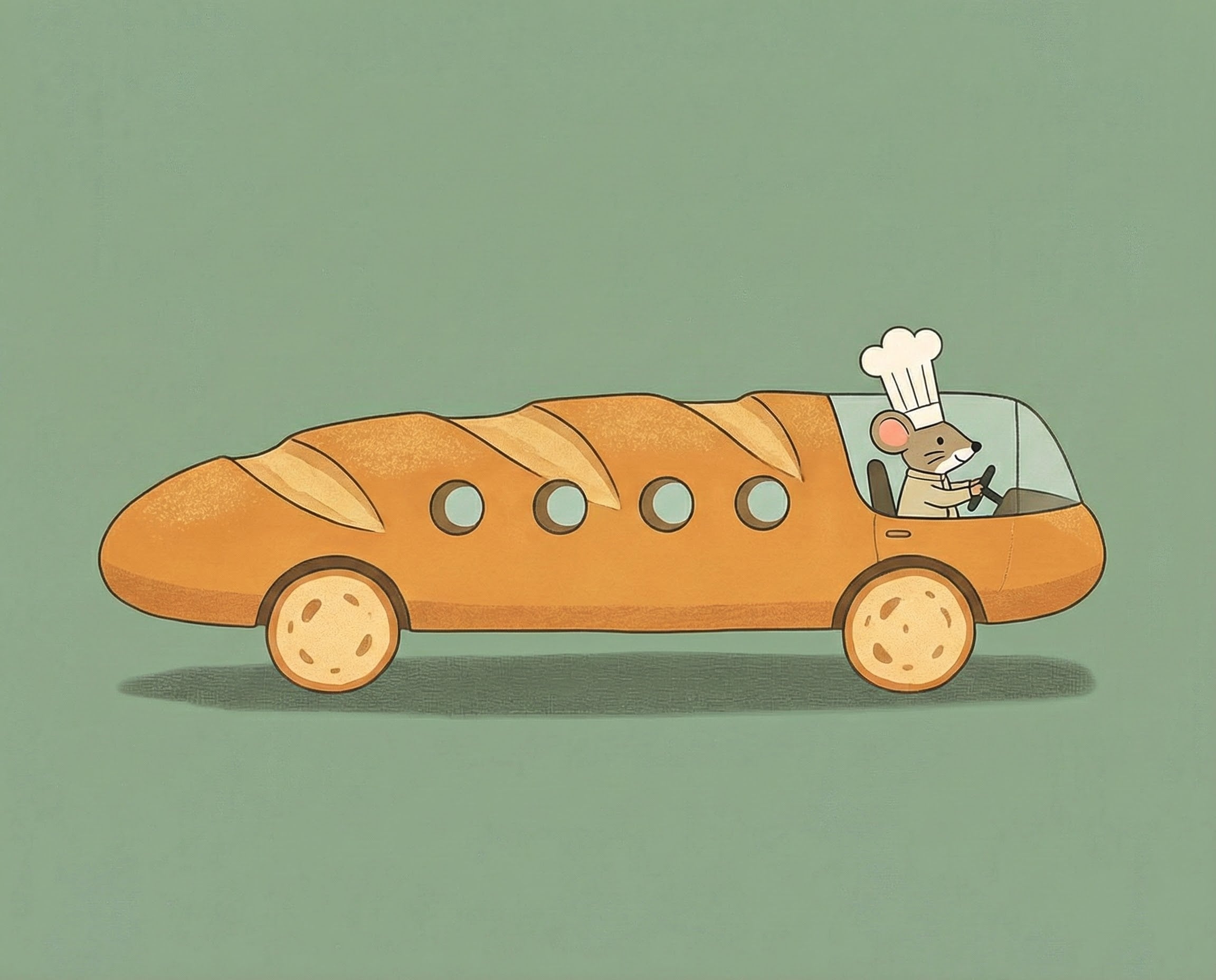 A mouse wearing a tall chef’s hat drives a long baguette-shaped bus with round cracker wheels and porthole-style windows, offering a creative food-themed vehicle concept that’s fun for kids and visually clever for adults.
