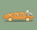 A mouse wearing a tall chef’s hat drives a long baguette-shaped bus with round cracker wheels and porthole-style windows, offering a creative food-themed vehicle concept that’s fun for kids and visually clever for adults.
