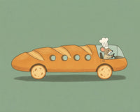 A mouse wearing a tall chef’s hat drives a long baguette-shaped bus with round cracker wheels and porthole-style windows, offering a creative food-themed vehicle concept that’s fun for kids and visually clever for adults.
