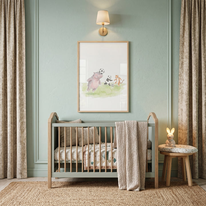 Nursery with a gray crib, jute rug, and balancing soccer ball animals wall art hanging on a light green wall.