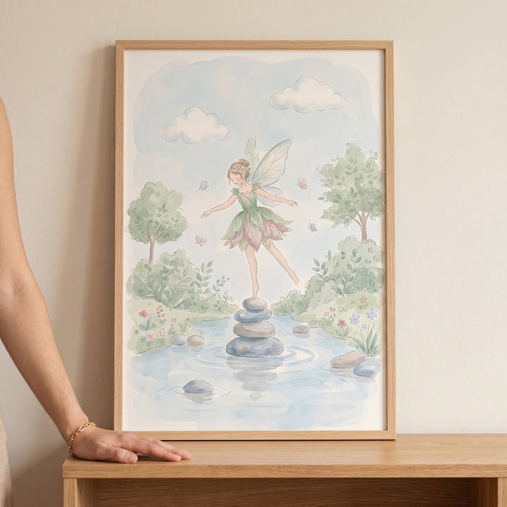 Framed balancing stone fairy wall art of a winged fairy on stones in a pond with soft trees and clouds in watercolor style.