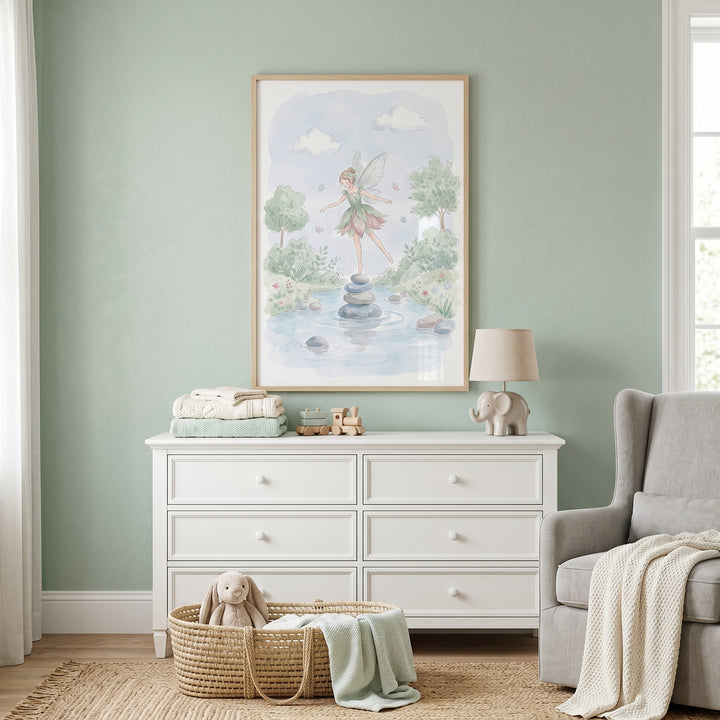 Nursery with a white dresser, grey armchair, and balancing stone fairy wall art on a light green wall.
