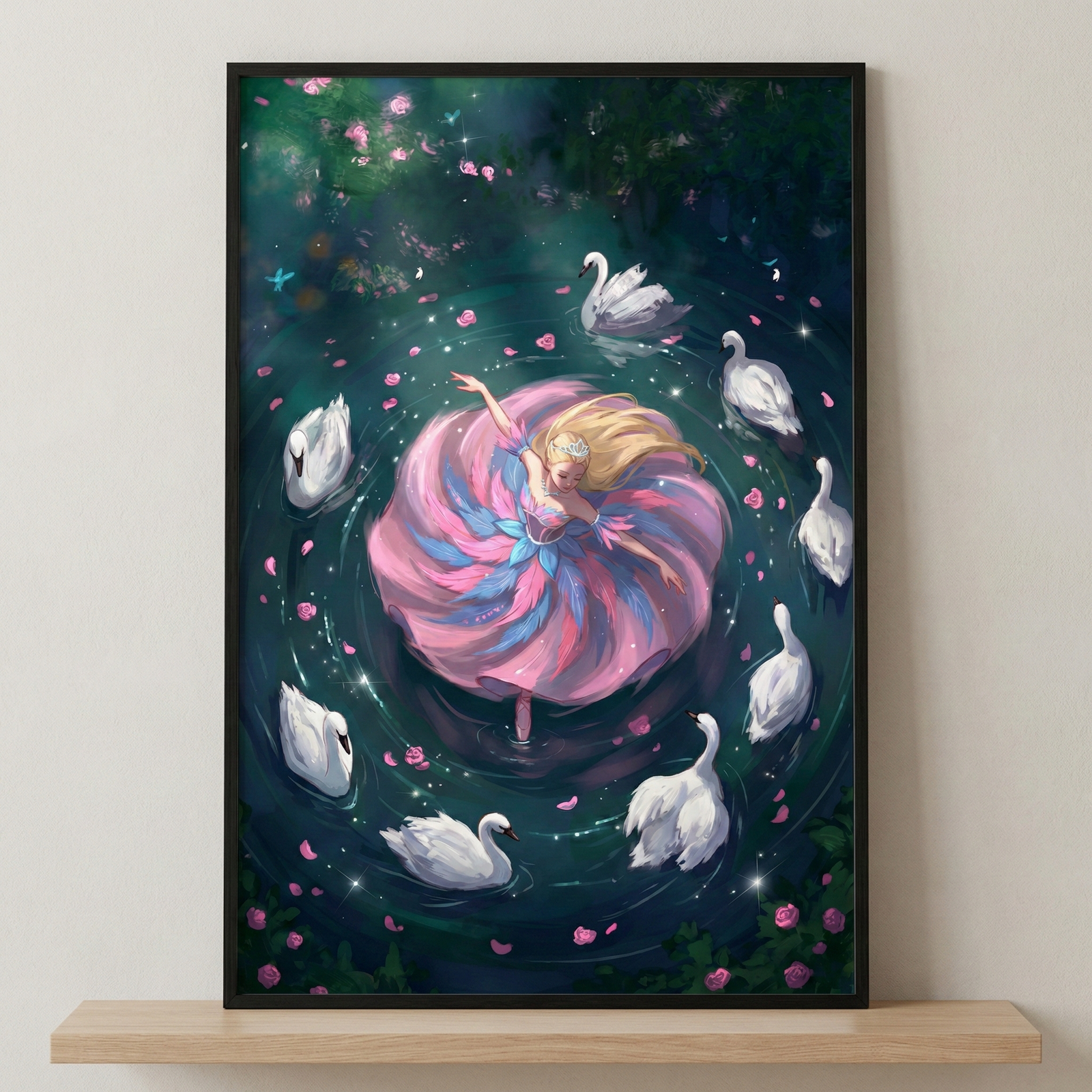 A vertical digital illustration in a black frame sits on a wooden shelf. A blonde woman in a feathered pink and blue dress spins at the center of a dark pond, her skirt fanning out like a flower. Eight white swans circle her through ripples of water dotted with glowing sparks and pink petals. A dark forest canopy with small pink blossoms borders the top of the magical scene. The overall style is whimsical and ethereal, set against a plain, light-colored wall.