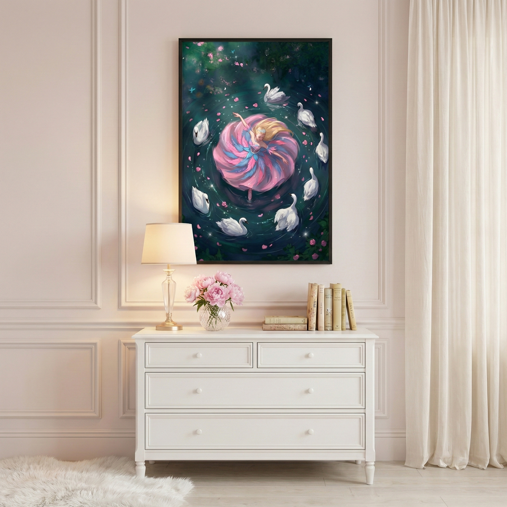 A vertical framed illustration hangs above a white four-drawer dresser in an elegant room. The artwork depicts a woman with blonde hair in a voluminous, swirling pink and blue gown dancing in dark water, surrounded by eight white swans. Pink petals and soft points of light are scattered across the water's surface. On the dresser are a classic lamp, a vase of pink roses, and several books. To the right, white floor-to-ceiling curtains drape softly, and a white rug is visible on the floor.