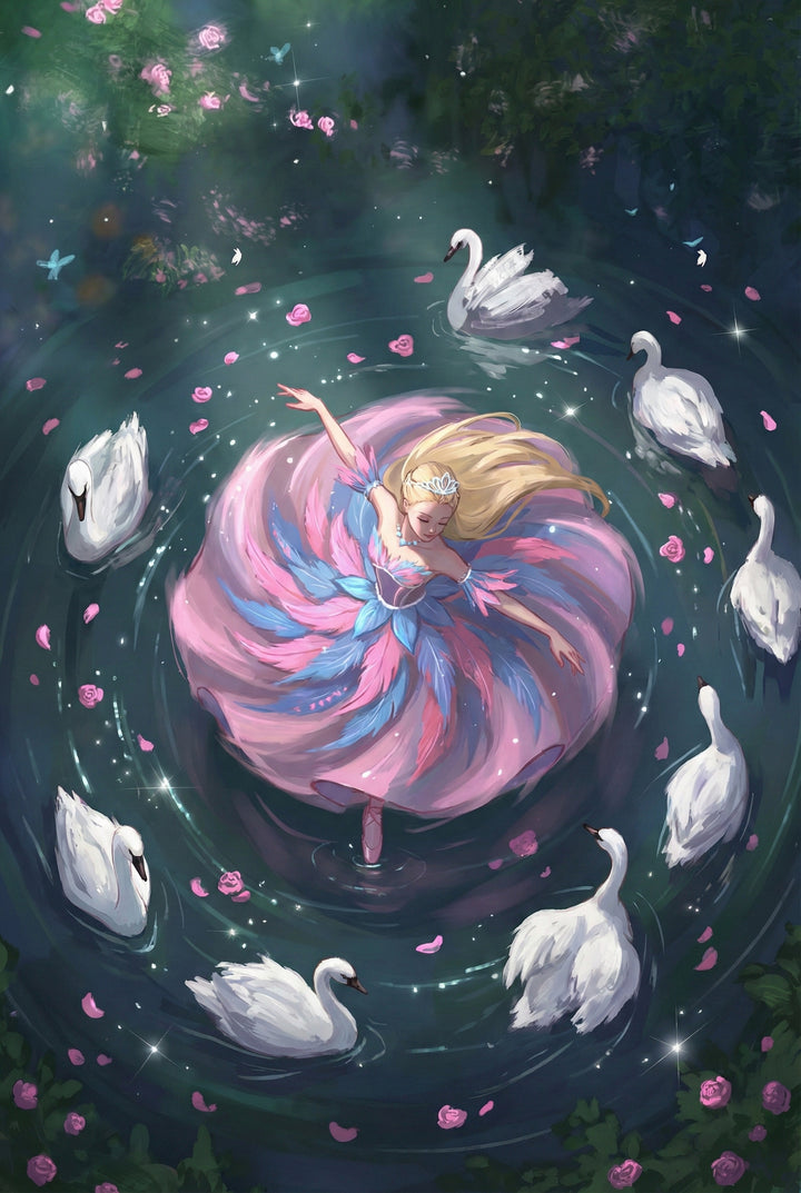A dreamy illustration of a blonde ballerina floating in a dark green pond surrounded by white swans and scattered pink rose petals. Her flowing pink and blue feathered dress spreads across the water as she dances at the center, creating soft ripples and a magical storybook atmosphere.
