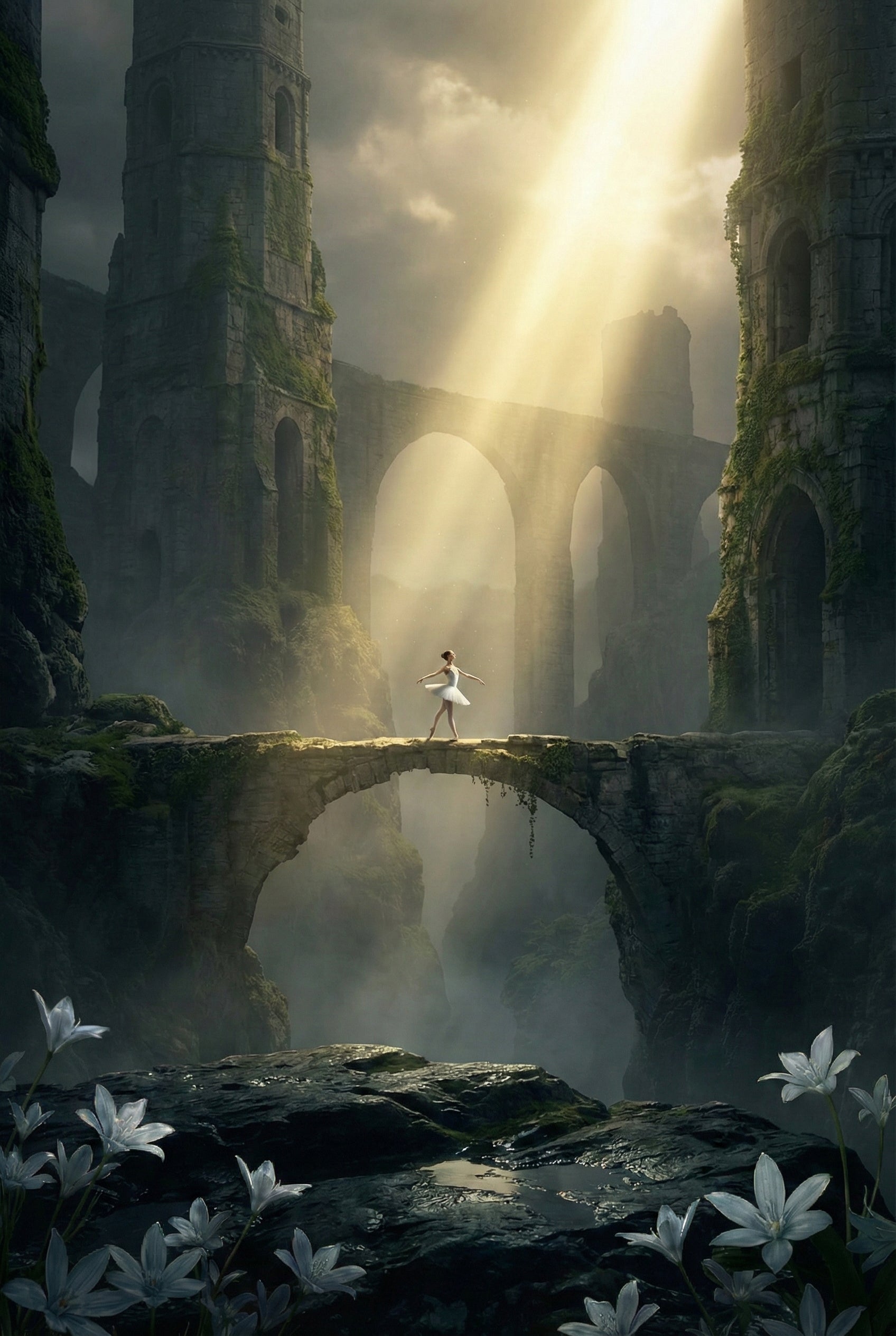An ethereal digital illustration of a ballerina in a white tutu performing on a narrow, moss-covered stone arch bridge. She is bathed in a powerful beam of golden sunlight streaming from a cloudy sky. In the foreground, white star-shaped lilies grow among dark, wet rocks. Massive, ancient stone towers and a secondary multi-arched bridge rise from a misty, deep canyon in the background. The atmosphere is serene and majestic, blending fantasy architecture with nature.