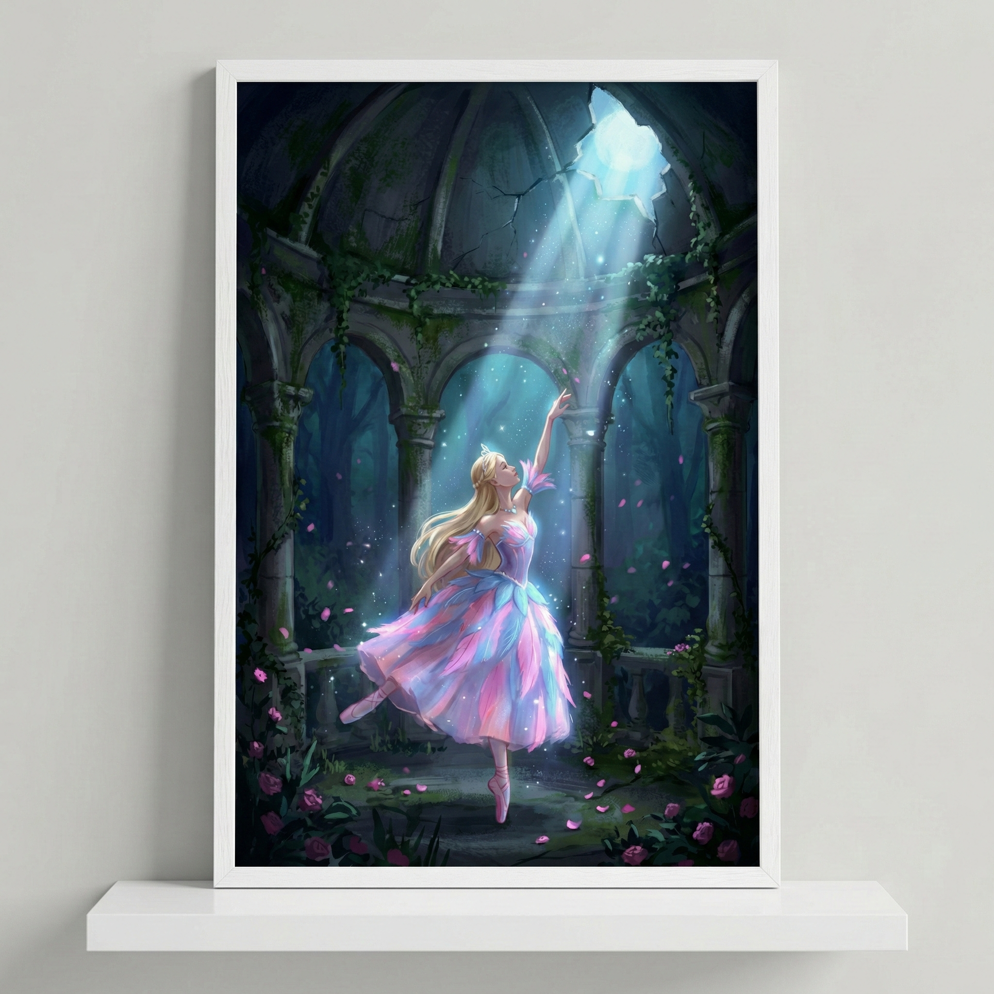 A digital illustration depicts a blonde ballerina gracefully dancing in a ruined stone pavilion. She is dressed in a layered tutu of iridescent pink, blue, and purple, performing en pointe with one hand reaching toward a beam of light. This light streams through a jagged opening in the domed roof, illuminating her and floating pink petals. The surrounding architecture features moss-covered arches that look out onto a dark forest, creating a magical and ethereal atmosphere.
