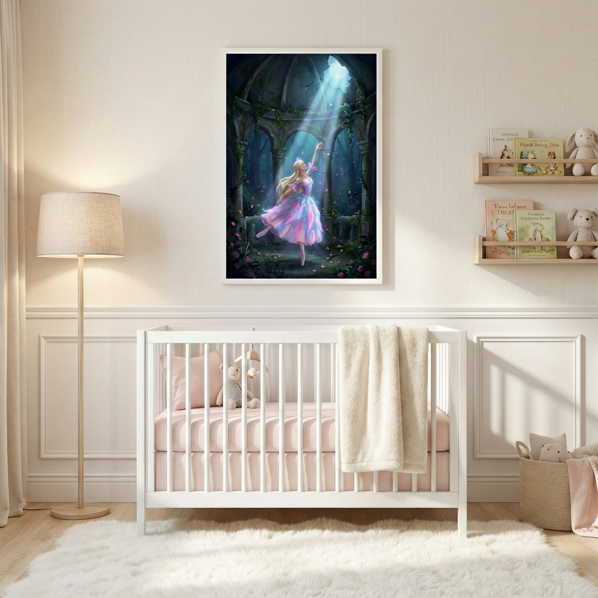 A bright, airy nursery features a white wooden crib with pink bedding and a cream blanket. Above it, a large framed artwork depicts a graceful figure in a pink and lavender dress dancing in a dark, vine-covered vaulted space, illuminated by a beam of light from above. To the left, a floor lamp with a beige shade stands on a light wood floor. To the right, floating shelves hold children's books and plush toys. A soft white rug is spread on the floor below the crib.