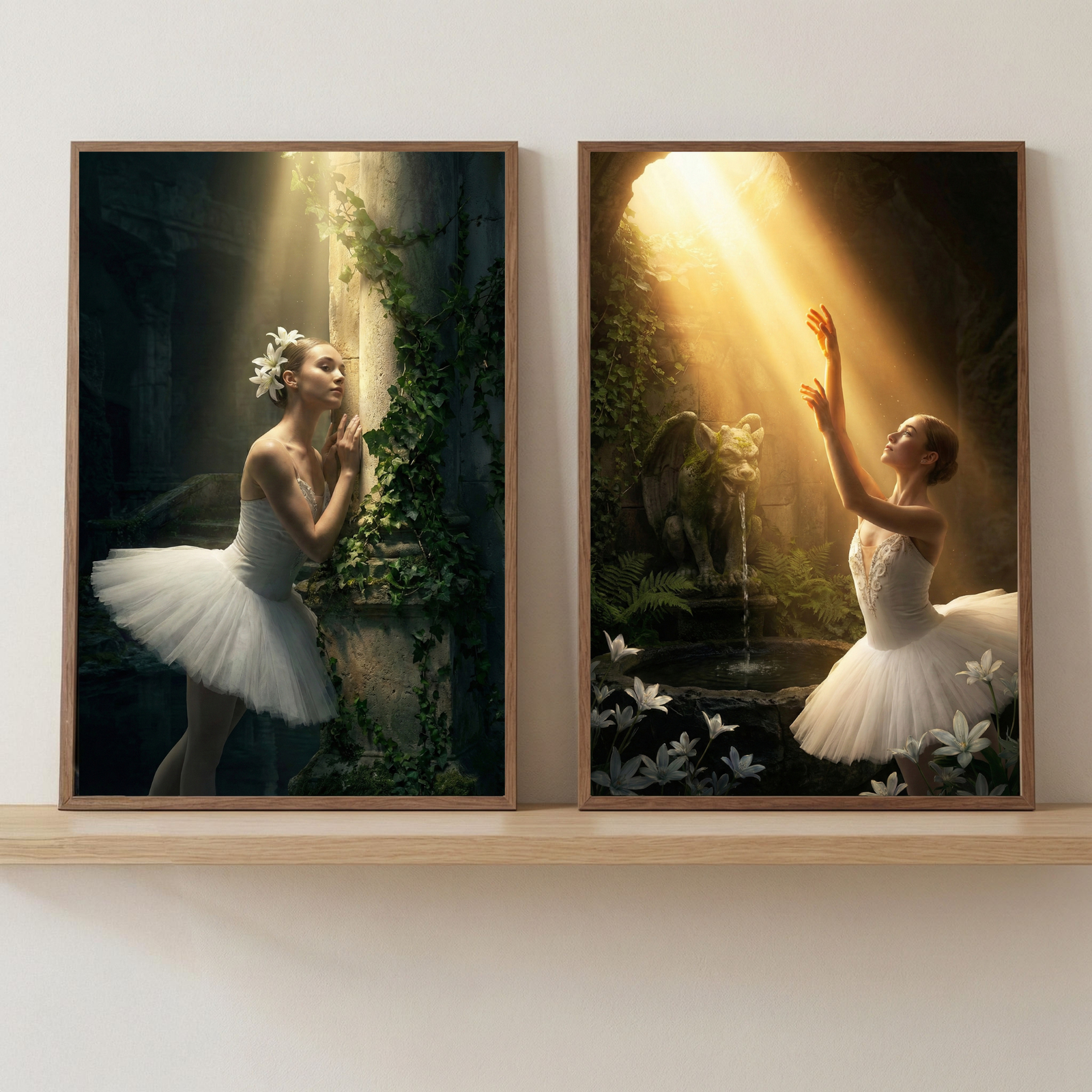 Two rectangular wooden-framed artworks are displayed side-by-side on a light wood shelf. The piece on the left features a ballerina in a white tutu and floral headpiece, resting against a stone pillar entwined with ivy under a soft, golden light. The piece on the right shows another ballerina in a white tutu, reaching upward toward a brilliant ray of light in a dark stone alcove containing a gargoyle fountain and white lilies. A person's blurred shoulder is visible on the left side.