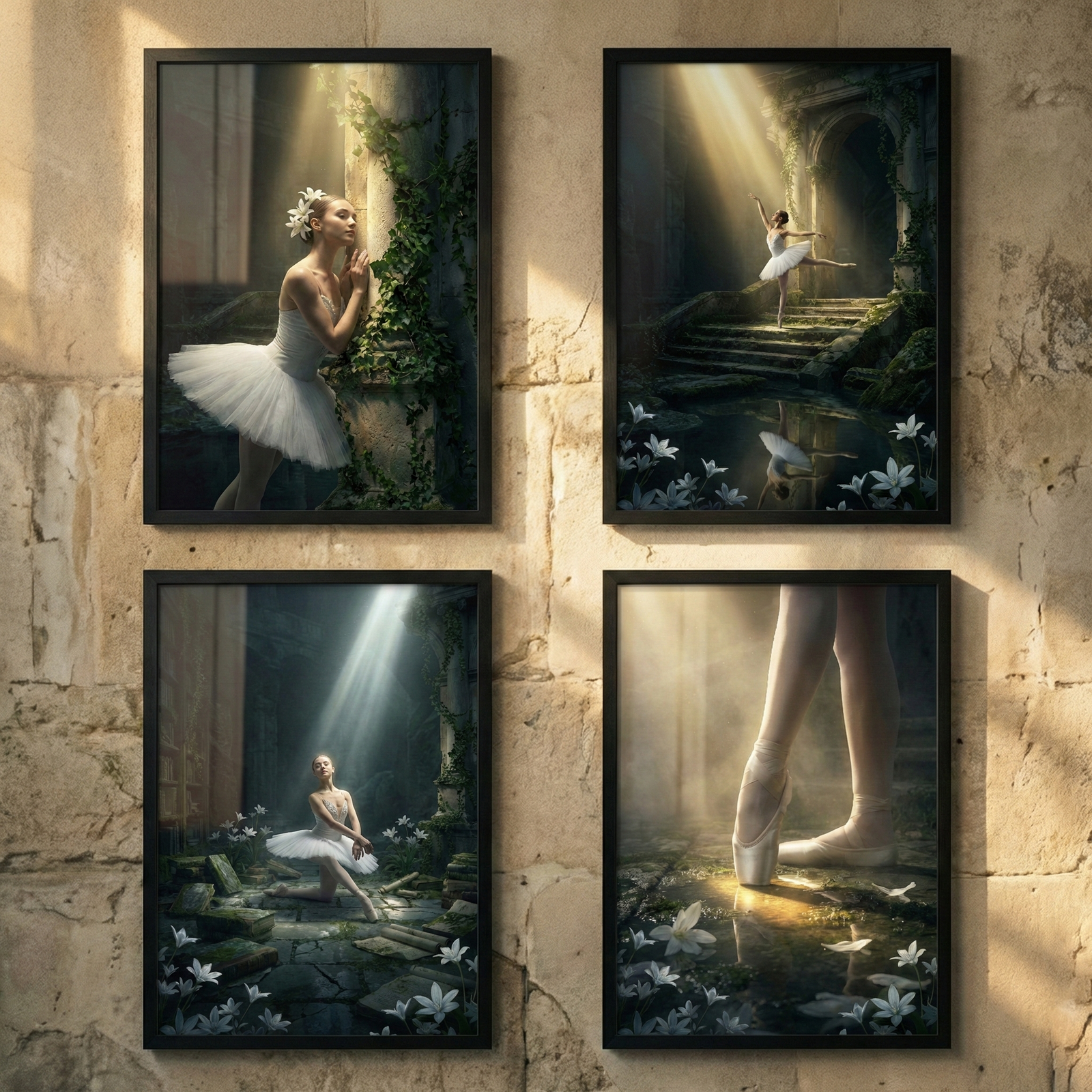 Framed wall art featuring four ballet photographs arranged in a grid on a textured stone wall. Each image shows a ballerina in a white tutu posing among ivy covered ruins and soft beams of sunlight with scenes including a dancer praying beside a column a dancer performing on stone steps a seated ballerina in a ruined courtyard and a close view of pointe shoes reflected in water.