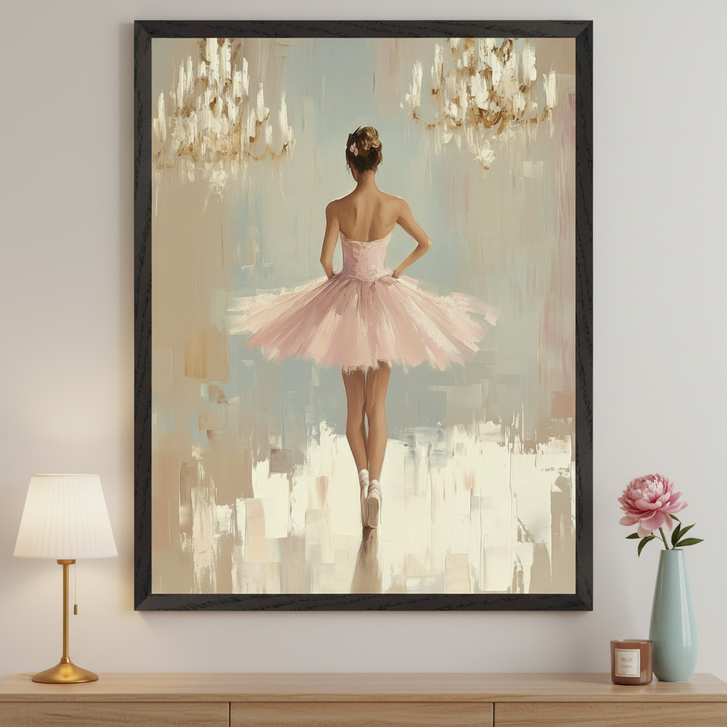 Room with a light wood dresser. A large framed impressionistic painting of a ballerina in a pink tutu, seen from behind, hangs centered above the dresser. A table lamp, vase with a pink peony, and a candle are on the dresser.