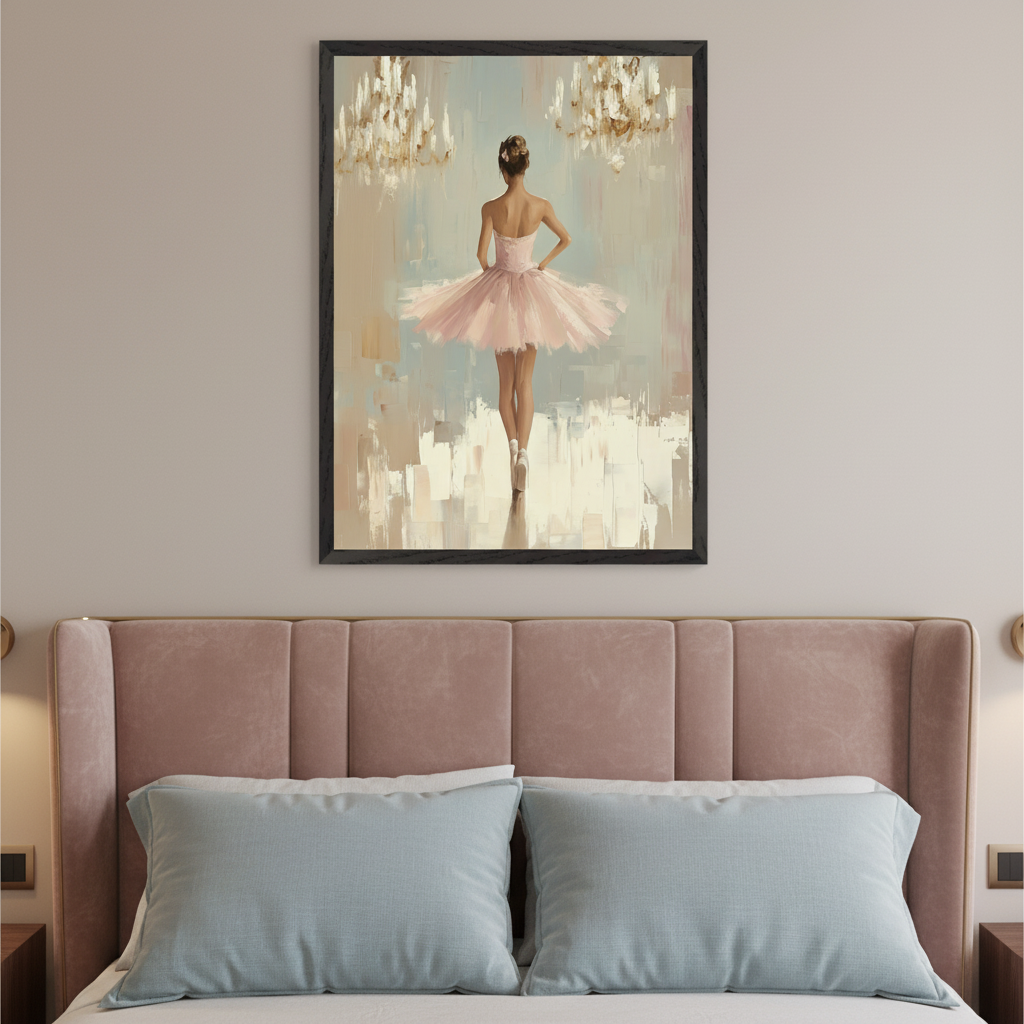Modern bedroom with a pink upholstered headboard and light blue pillows. A framed impressionistic painting of a ballerina in a pink tutu, seen from the back with chandeliers, hangs centered above the bed.
