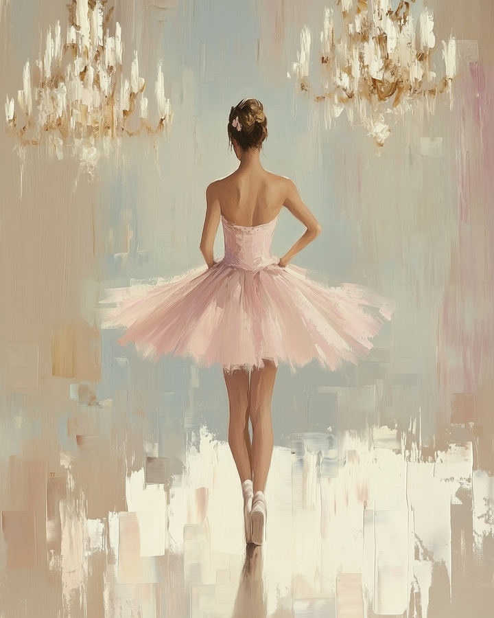 Impressionist-style art of a ballerina in a pink tutu standing en pointe with her back to the viewer, framed by two ornate chandeliers against a softly textured background.