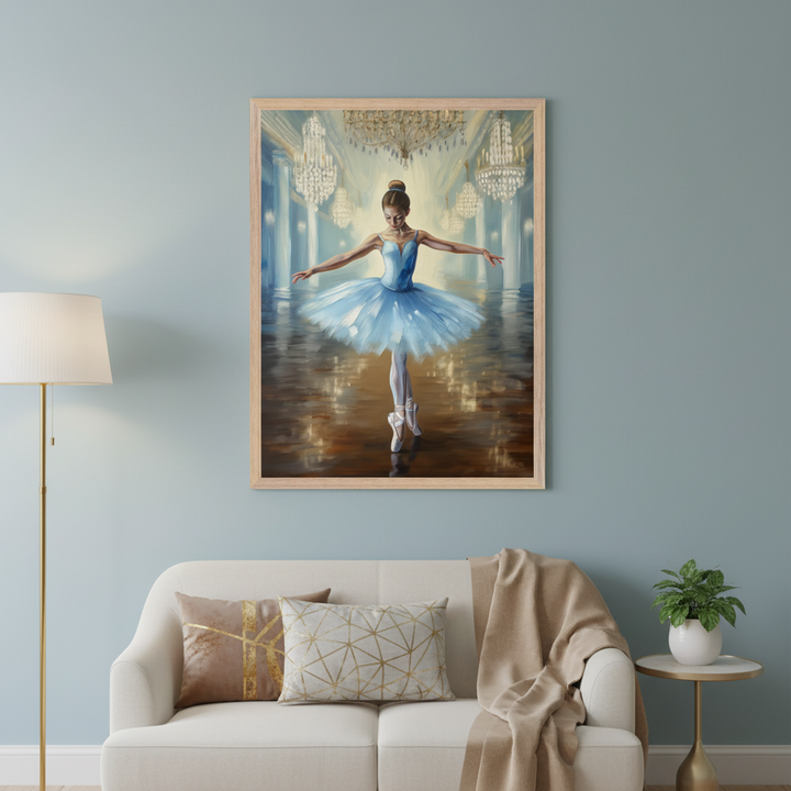 Living room with a white sofa and gold floor lamp. A large framed painting of a ballerina in a light blue tutu dancing in a grand hall with chandeliers hangs above the sofa.