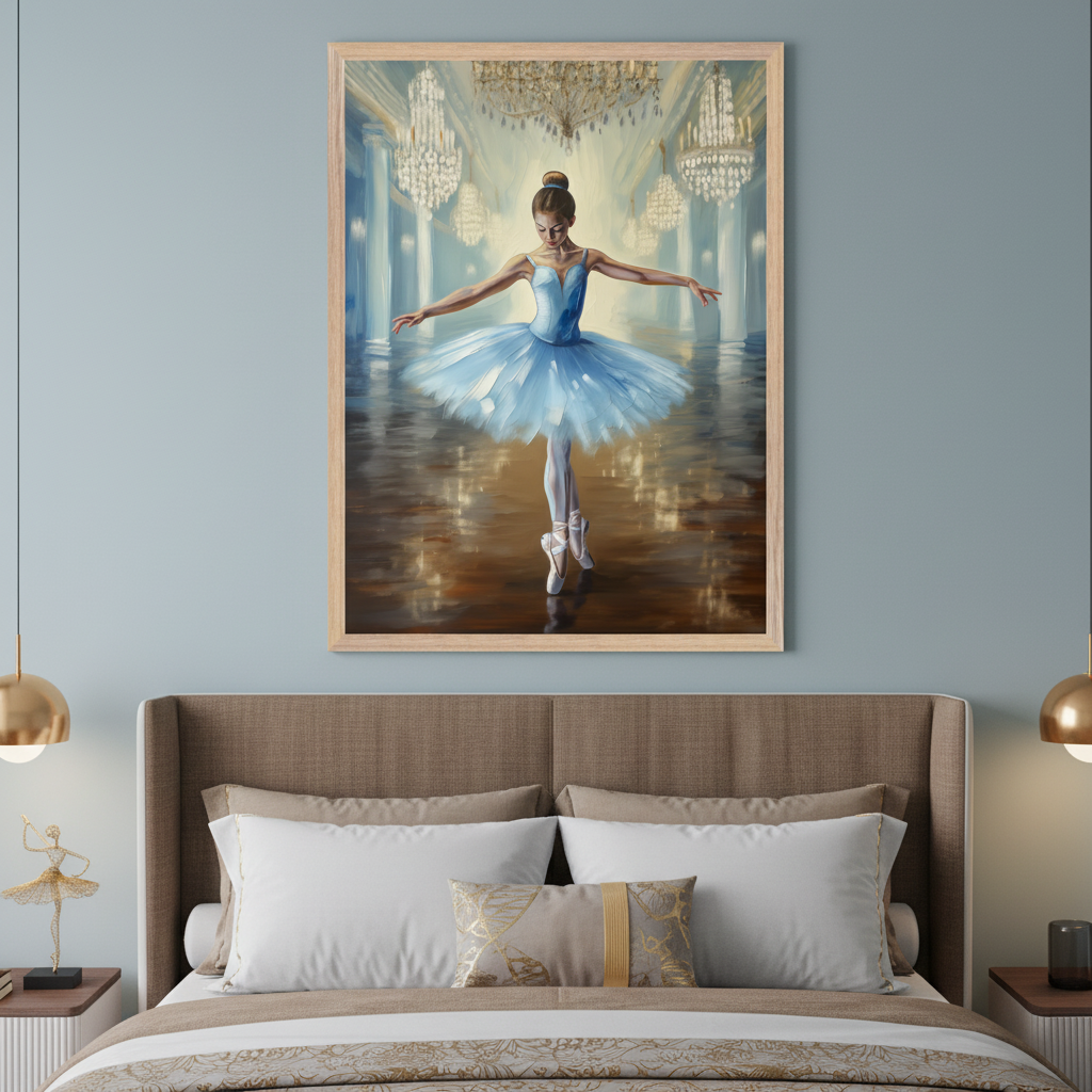 Bedroom with a brown upholstered bed and nightstands. A large framed painting of a ballerina in a blue tutu dancing in a grand hall with chandeliers hangs centered above the bed.