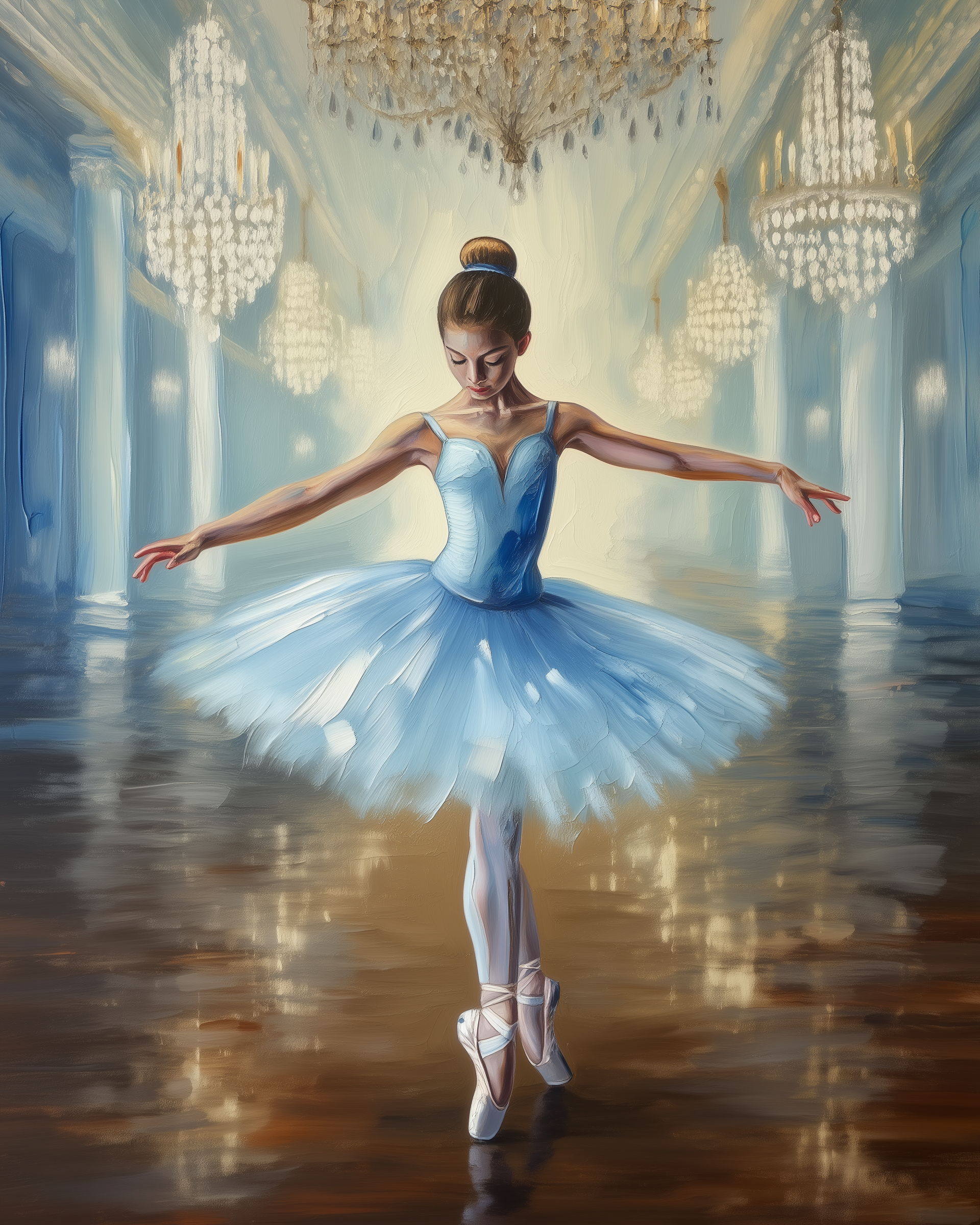 A ballerina in a shimmering blue tutu balances en pointe in an elegant ballroom filled with ornate chandeliers. Her arms are gracefully extended and her expression serene as light reflects off the polished floor.