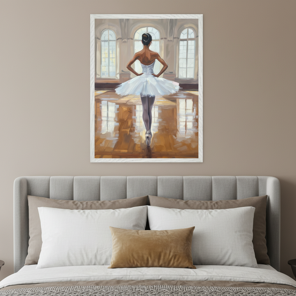 Modern bedroom with a grey upholstered bed. A large framed painterly artwork of a ballerina in a white tutu, seen from the back, standing en pointe in a room with arched windows, hangs centered above the bed.