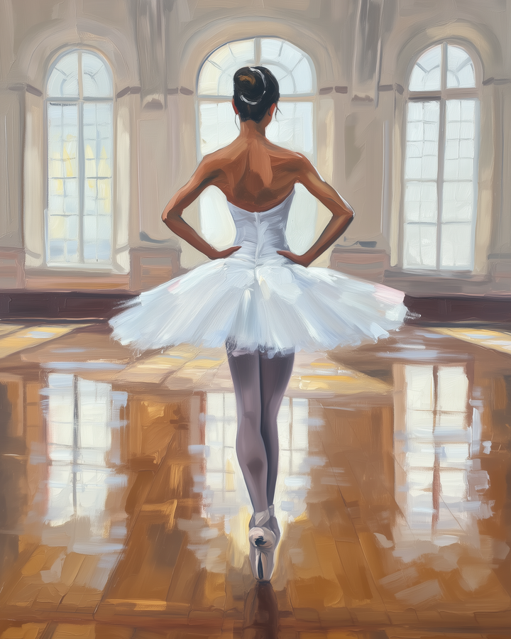Rear view of a ballerina standing en pointe in a white tutu, framed by large arched windows in a softly lit dance studio. Her arms are poised on her hips as sunlight reflects off the polished wooden floor.